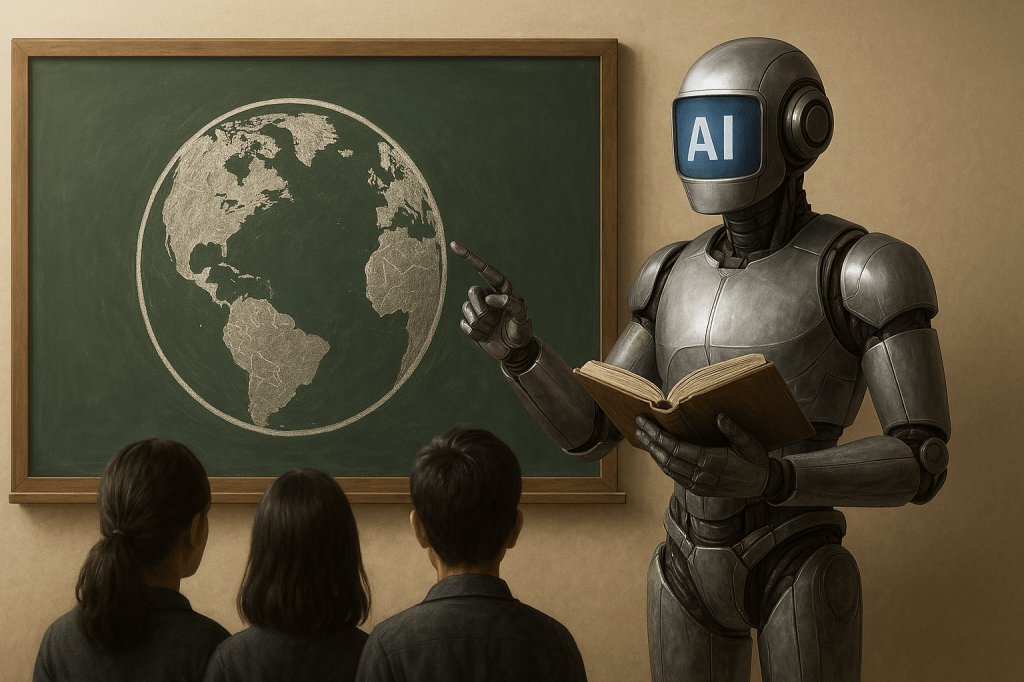 AI educator in a real classroom with people present.
